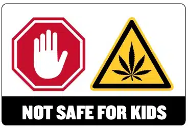 Warning sign with a red stop hand icon and a yellow cannabis leaf symbol, accompanied by bold text stating 'Not Safe for Kids'