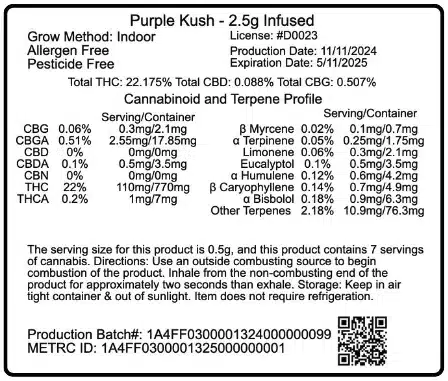 Cannabis product label for 'Purple Kush - 2.5g Infused' showing cannabinoid and terpene profile, with THC at 22.175%. Includes serving size, directions for use, production and expiration dates, batch number, and QR code for tracking.