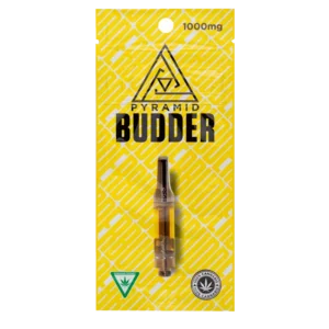 Pyramid Budder 1000mg cannabis vape cartridge in yellow packaging with black label.