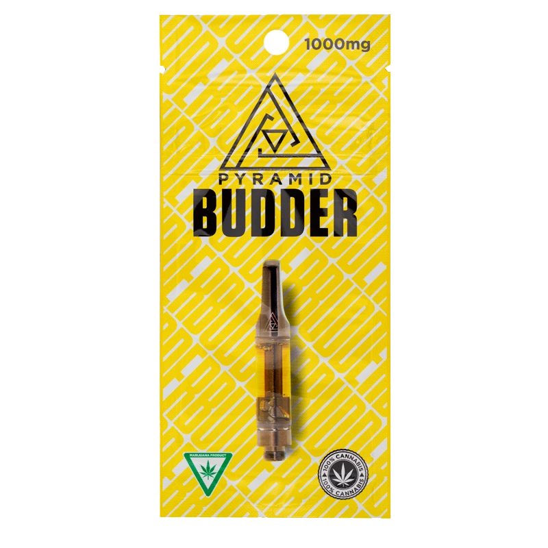 Pyramid Budder 1000mg cannabis vape cartridge in yellow packaging with black label.