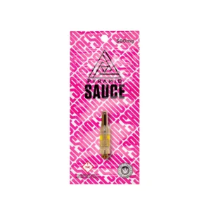 Pyramid Purple Sauce 500mg cannabis vape cartridge in pink packaging with bold black lettering.