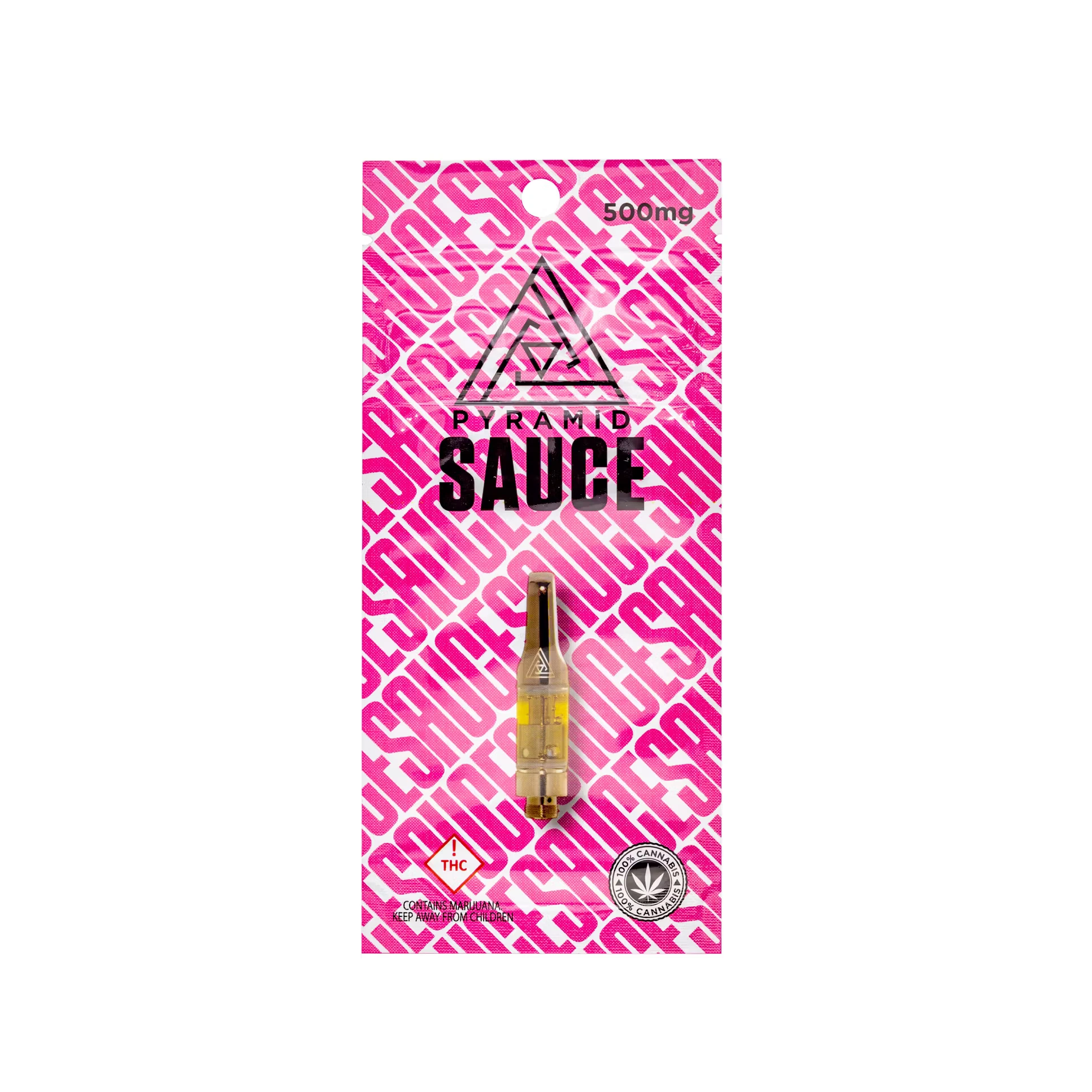 Pyramid Purple Sauce 500mg cannabis vape cartridge in pink packaging with bold black lettering.