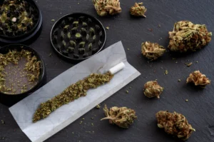 Grinder, loose cannabis flower, and a partially filled rolling paper laid out on a black surface.