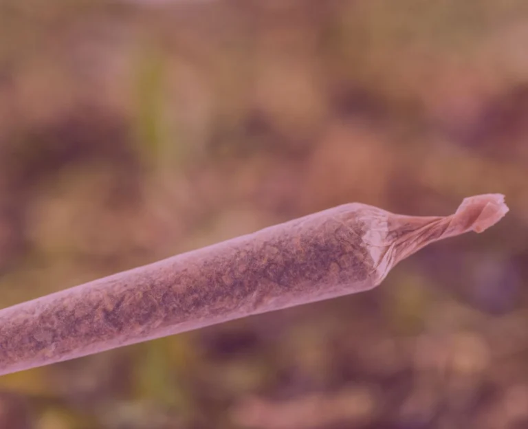 Close-up of a finished cannabis joint with twisted tip, against a blurred earthy background.