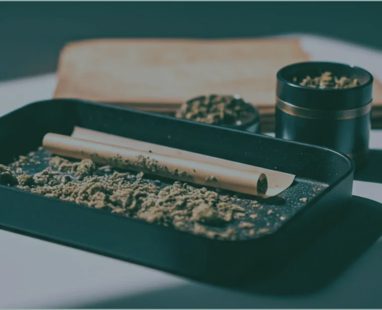 Black rolling tray with partially filled rolling paper, surrounded by ground cannabis and a grinder in the background.
