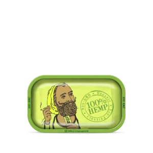 Green Zig-Zag rolling tray with “100% Hemp” seal and eco-friendly message.