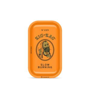 Orange Zig-Zag rolling tray with “Slow Burning” text and bearded man illustration.