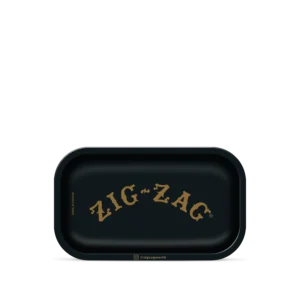 Black Zig-Zag rolling tray with gold logo printed in the center on a matte finish.