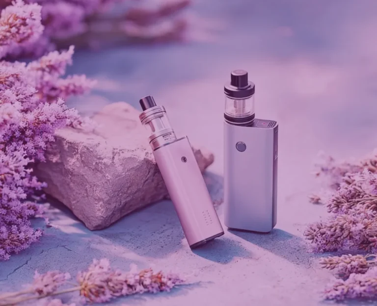 Pink and silver vape devices placed on a lavender-toned surface surrounded by delicate purple flowers and a stone