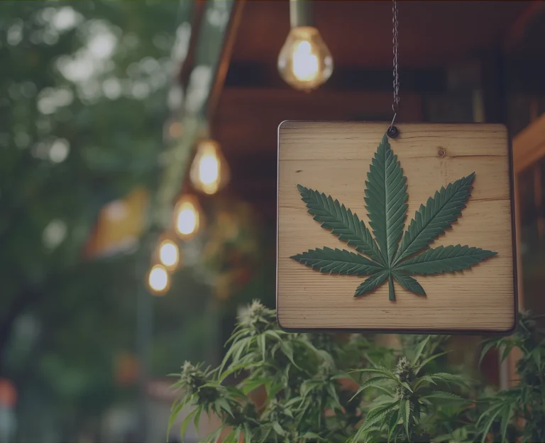 Wooden sign with a cannabis leaf hanging outside a store, surrounded by soft lighting and greenery.