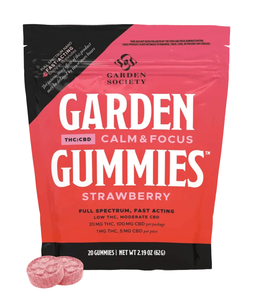 Pouch of Garden Society Calm & Focus Strawberry Gummies with two pink sugar-coated gummies placed in front, on a white background.