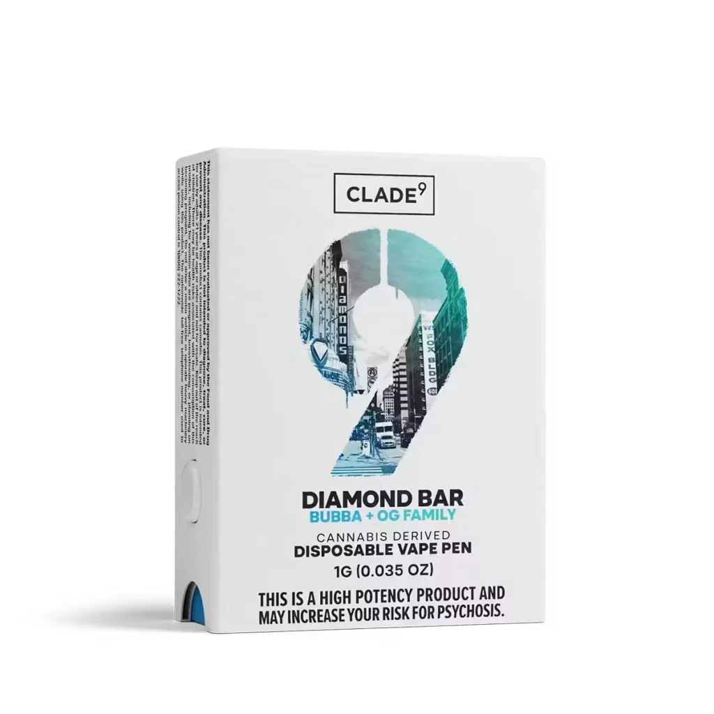 White box of Clade9 Diamond Bar disposable vape pen with a large number 9 in cityscape design, brand logo above, and cannabis potency warning below.