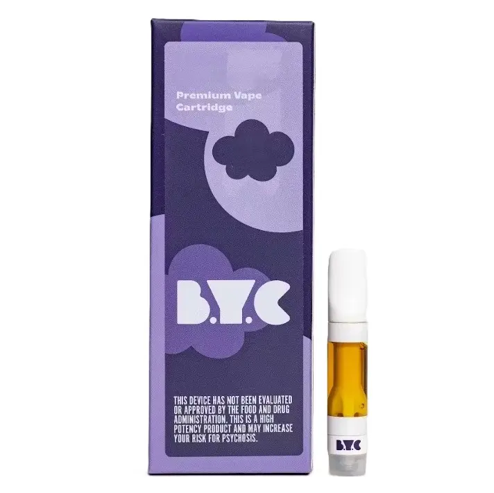 Purple BYC vape cartridge and packaging with cloud design and high potency warning text.
