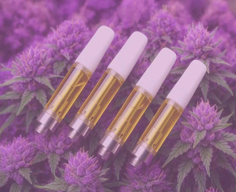 Four cannabis oil vape cartridges with white tips placed diagonally on a vibrant bed of purple cannabis buds.