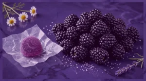 A close-up, high-end photograph featuring a purple Camino Sours Deep Sleep cannabis gummy with a moon etching on clear wax paper. A large heap of fresh blackberries and scattered purple sugar crystals form the background, flanked by fresh chamomile and lavender sprigs, illustrating the ingredients.