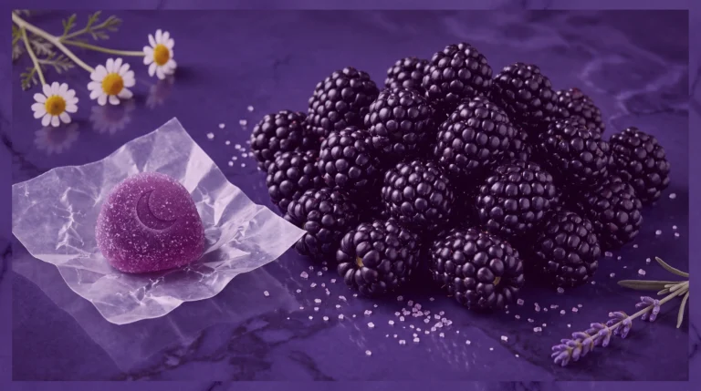 A close-up, high-end photograph featuring a purple Camino Sours Deep Sleep cannabis gummy with a moon etching on clear wax paper. A large heap of fresh blackberries and scattered purple sugar crystals form the background, flanked by fresh chamomile and lavender sprigs, illustrating the ingredients.